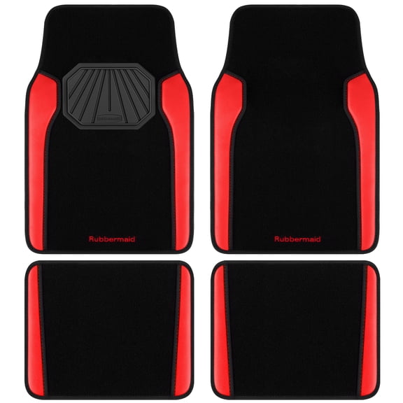 Rubbermaid Car Mats, Two-Tone Carpeted Floor Mats with Faux Leather and Built-In Heel Pad, Stylish Car Rug Floor Mats for Cars, Trucks and SUVs, Red