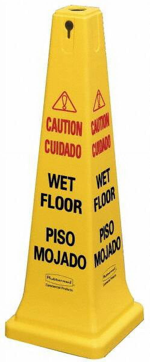Rubbermaid Caution - Wet Floor, 12-1/4" Wide x 36" High, Plastic Floor Sign Cone, Black on Yellow, For Accident Prevention
