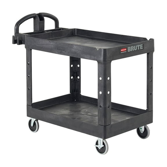 BRUTE Heavy Duty Ergo Handle Utility Cart, Lipped Shelf, Medium, Black