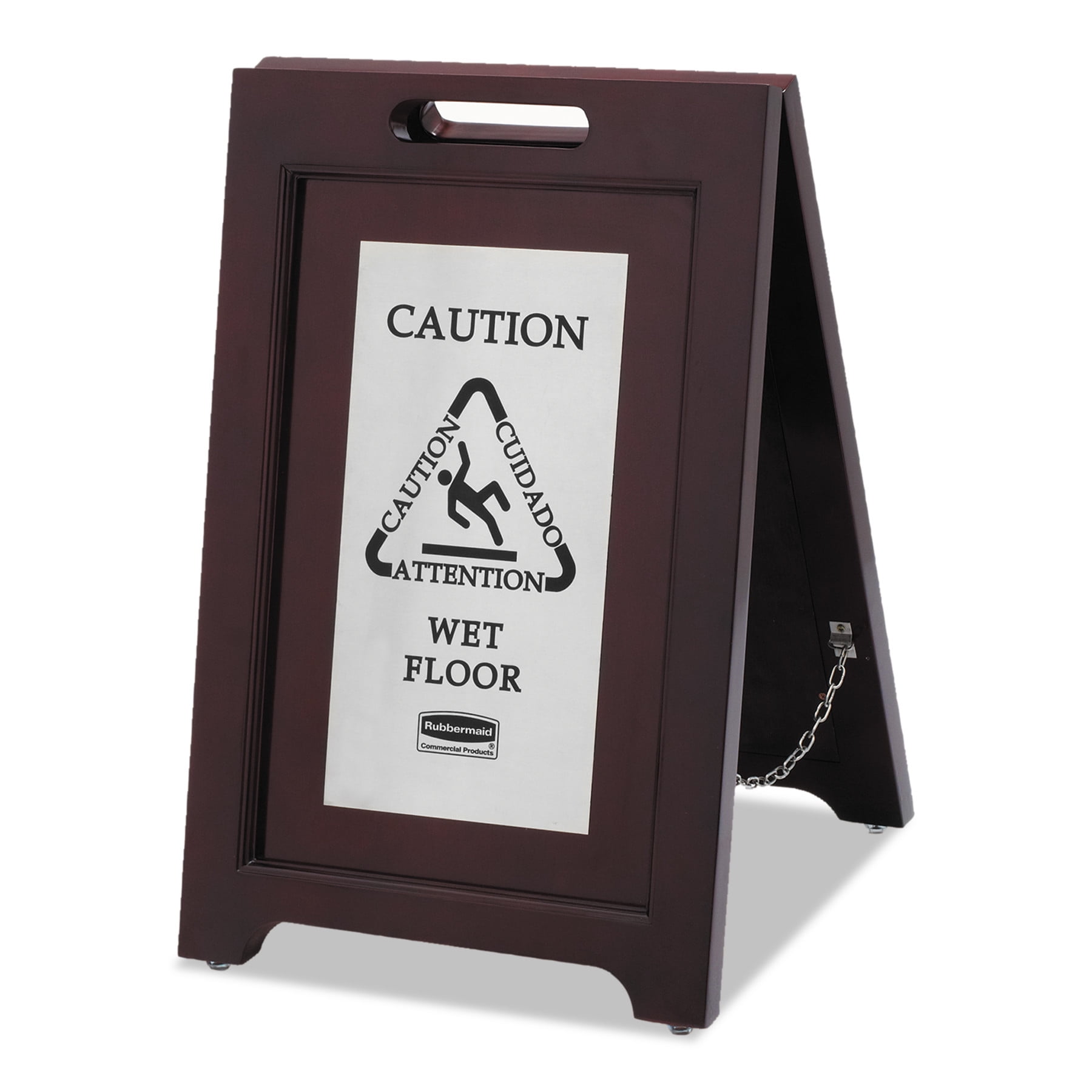 Rubbermaid Commercial Executive 2-Sided Multi-Lingual Caution Sign, Brown/Stainless Steel,15 x 23 1/2 -RCP1867508