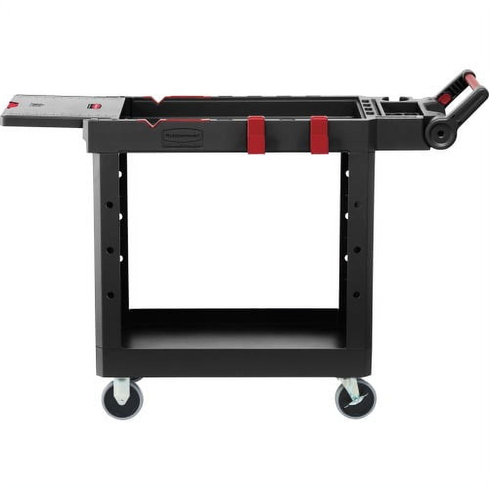 Heavy Duty Black Plastic Utility Cart with Adjustable Handle and Flip-Up Shelf