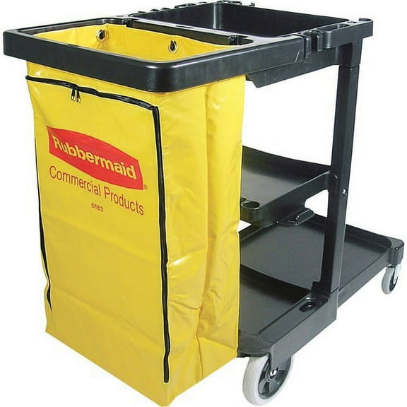 Rubbermaid Commercial Janitor Cart With Zipper Yellow Vinyl Bag - 3 Shelf - 4" , 8" Caster Size - x 21.8" Width x 46" Depth x 38.4" Height - Black - 1 Each | Bundle of 10 Each