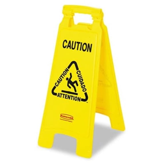Rubbermaid Commercial Multilingual Caution Floor Sign- Plastic- 11 x 1-1/2 x 25- Bright Yellow