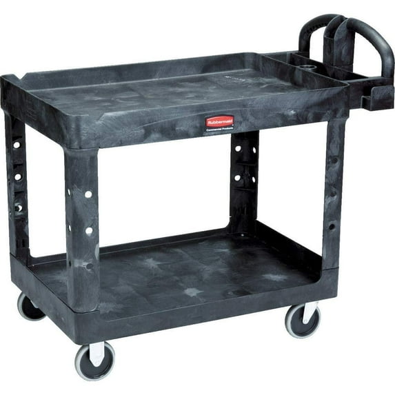 Rubbermaid Commercial Products 2-Shelf Utility/Service Cart, Medium, Lipped Shelves, Ergonomic Handle, 500 lbs. Capacity, for Warehouse/Garage/Cleaning/Manufacturing FG452088BLA