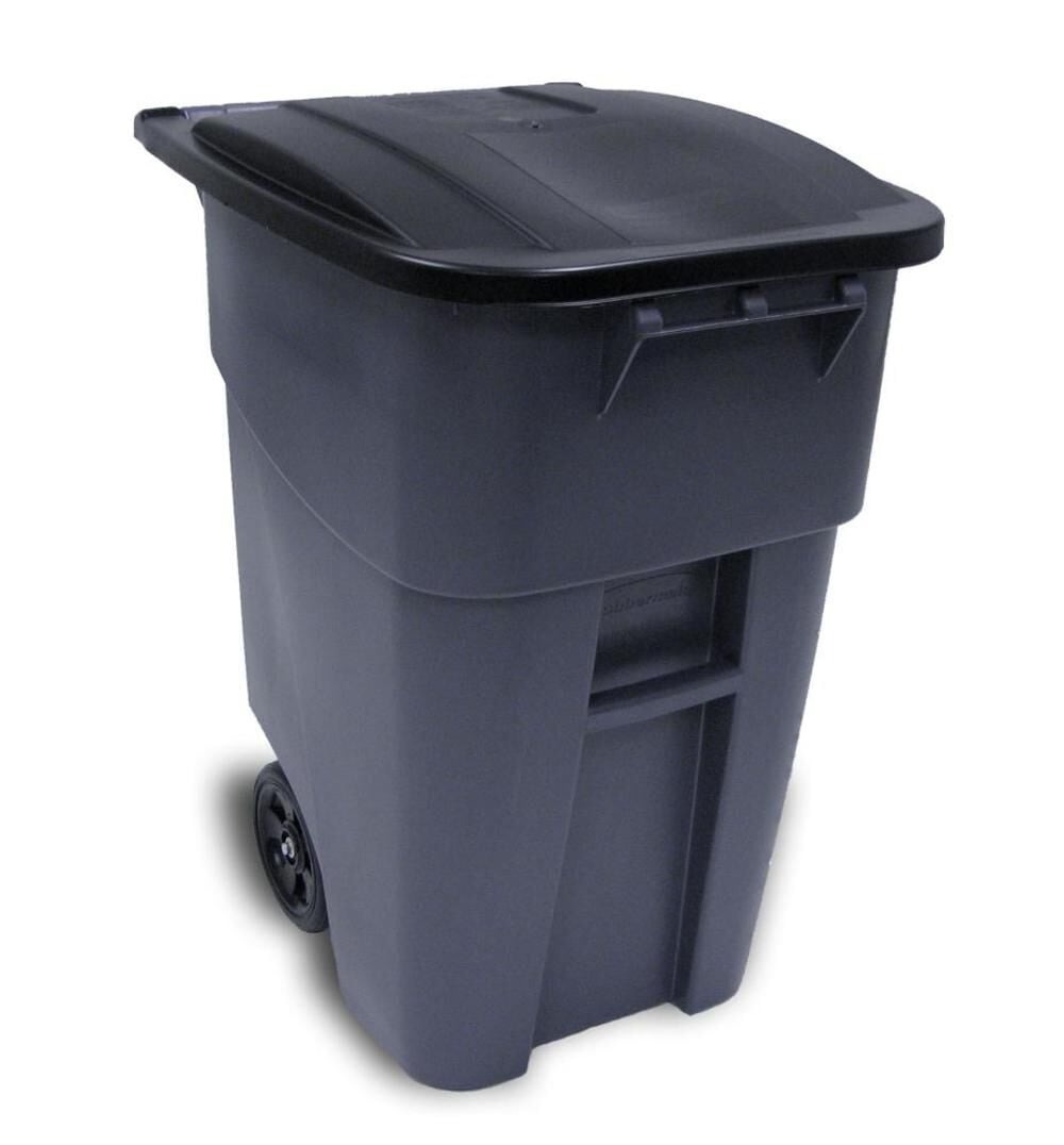 Rubbermaid Commercial Products BRUTE Roll-Out Trash Can with Lid, Square, 50 Gallon, Gray