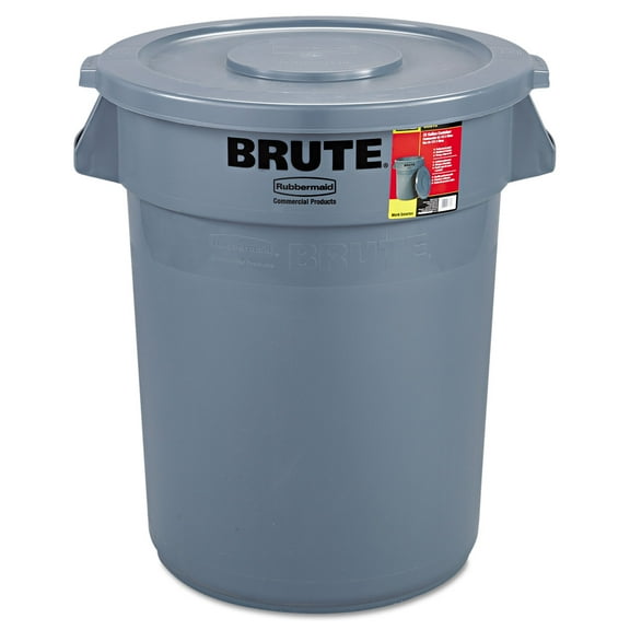 Rubbermaid Commercial Products Brute Container With Lid, Round, Plastic, 32 Gallon, Gray