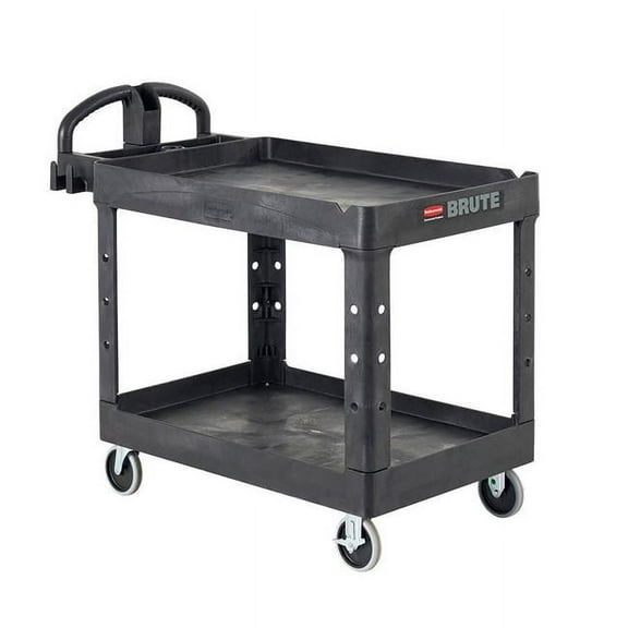 Rubbermaid Commercial Products 2310129 Brute Heavy Duty Ergo Handle Utility Cart Lipped Shelf - Medium - Black