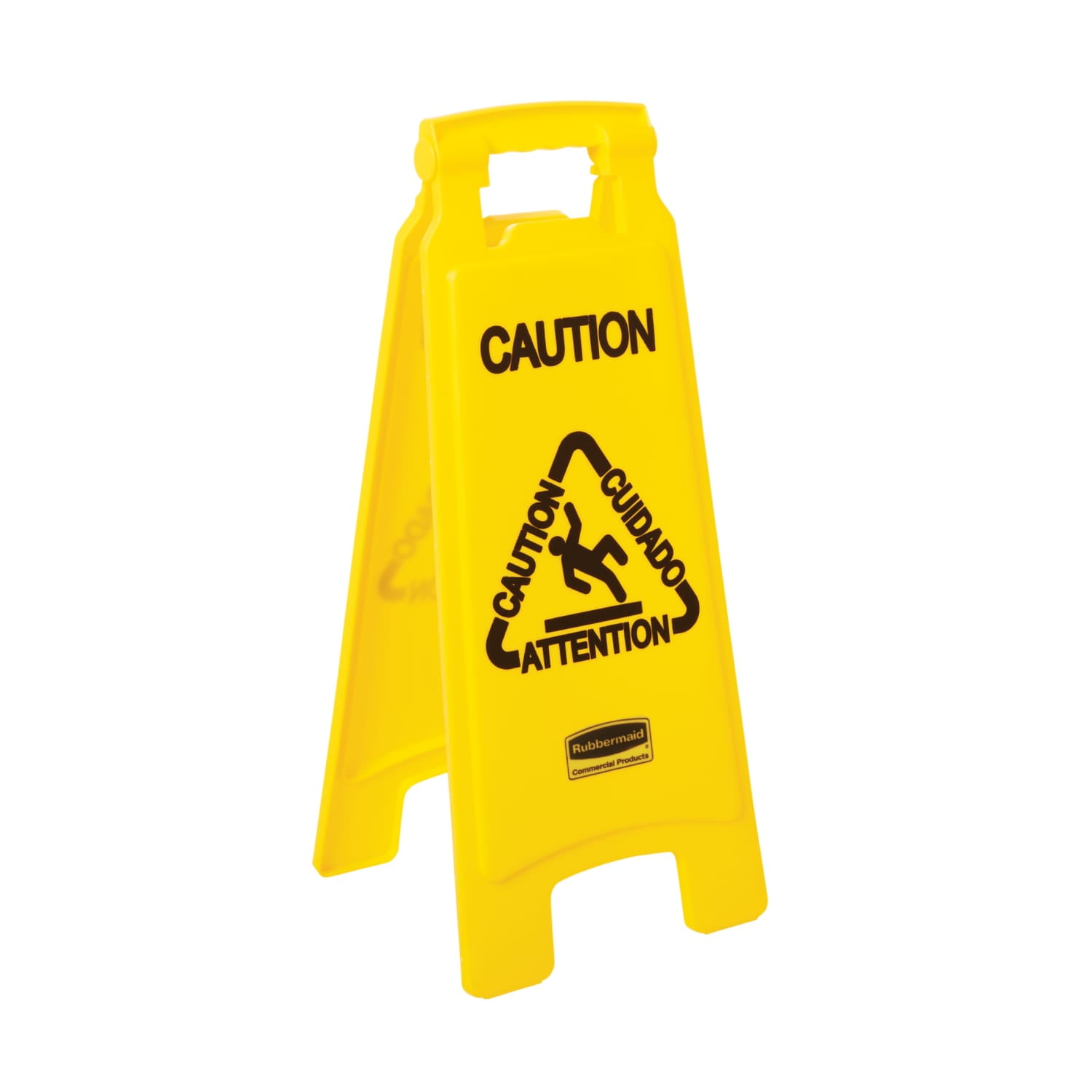 Rubbermaid Commercial Products Multilingual "Caution" Sign, 2 Sided, 26", Yellow