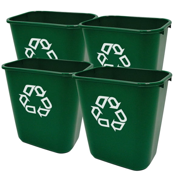 Rubbermaid Commercial Resin Deskside Recycling Trash Can, 7-Gal Plastic Bin, Green, 4 Pack