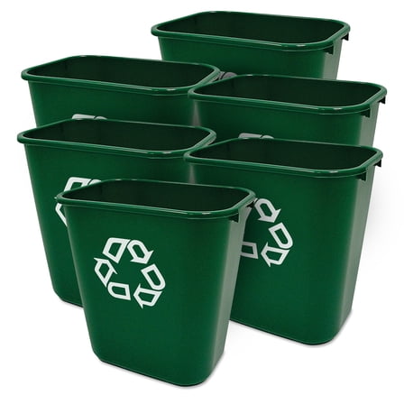 Rubbermaid Commercial Resin Deskside Recycling Trash Can, 7-Gal Plastic Bin, Green, 6 Pack