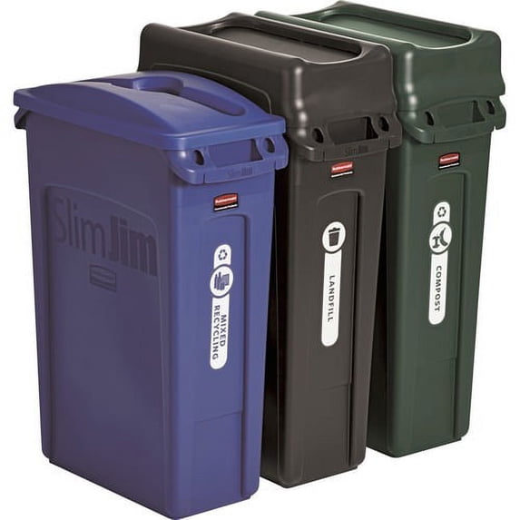 Rubbermaid Commercial Slim Jim 3-container Recycling Set 23 gal Capacity - Blue, Black, Green