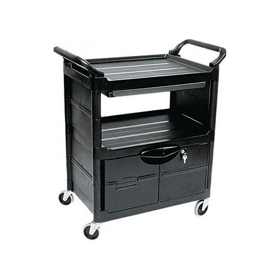 Rubbermaid Commercial Utility Cart With Locking Doors, Two-Shelf, 33.63w x 18.63d x 37.75h, Black -RCP345700BLA