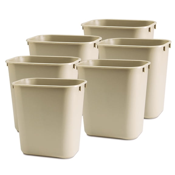 Rubbermaid Deskside Wastebasket, Versatile Plastic Trash Can, 3.5 Gallon, Beige, 6 Pack