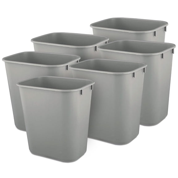 Rubbermaid Deskside Wastebasket, Versatile Plastic Trash Can, 3.5 Gallon, Gray, 6 Pack