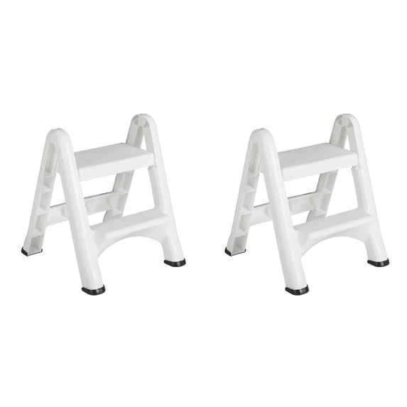Rubbermaid EZ Two Step Durable Folding Plastic Ladder Step Stool, White (2 Pack)