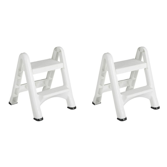 Rubbermaid EZ Two Step Durable Folding Plastic Ladder Step Stool, White (2 Pack)