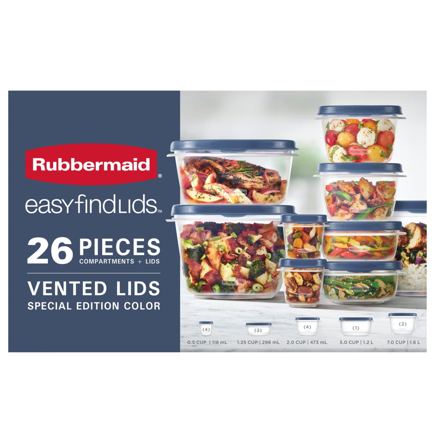 Rubbermaid Easy Find Lids Food Storage Containers with Vented Lids, 26 Piece Set, Blue