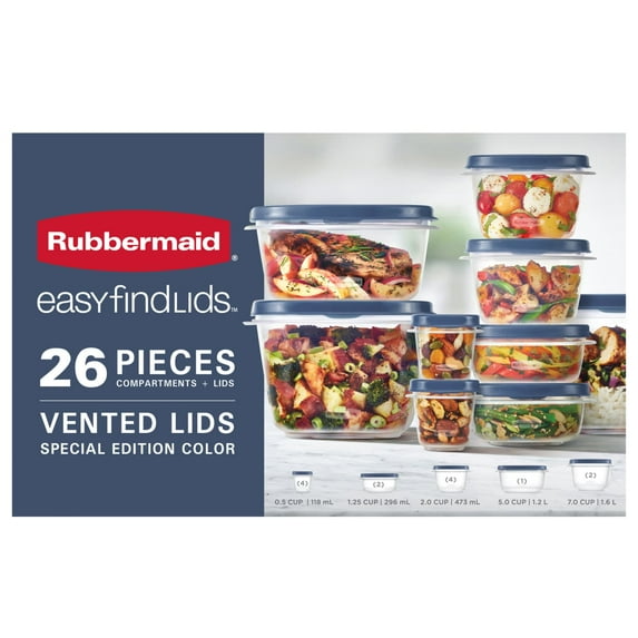 Rubbermaid Easy Find Lids Food Storage Containers with Vented Lids, 26 Piece Set, Blue