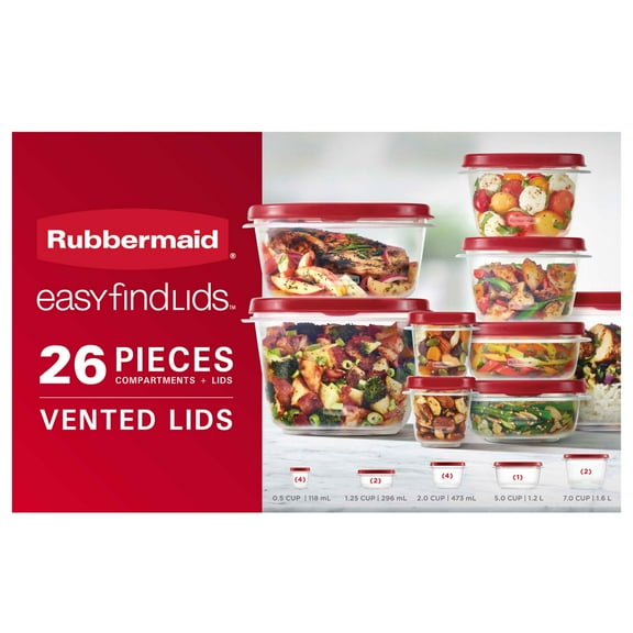 Rubbermaid Easy Find Lids Food Storage Containers with Vented Lids, 26 Piece Set, Red