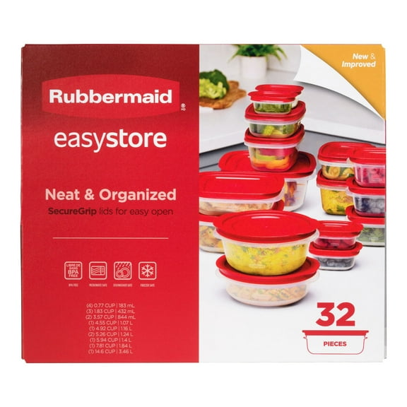 Rubbermaid EasyStore Rectangle, Square, and Round Containers, 32-Piece Set, Food Storage Containers, Food Storage Containers with Lids