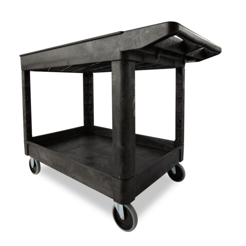 Reviews for Rubbermaid Commercial Products Heavy Duty Black 44 in. 2-Shelf Utility  Cart with Lipped Shelf in Medium with Casters