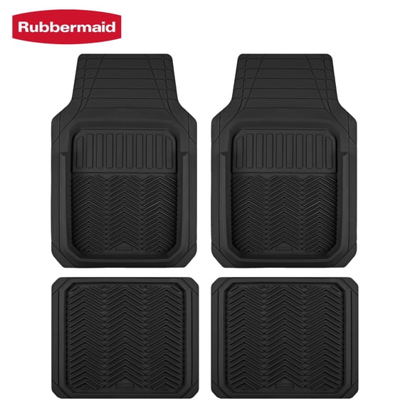 Rubbermaid Heavy Duty Rubber Car Floor Mats, Deep Dish Trim-to-Fit All Weather Automotive Floor Mats, Easy-Clean Front and Rear Interior Protection, 4 Piece Black