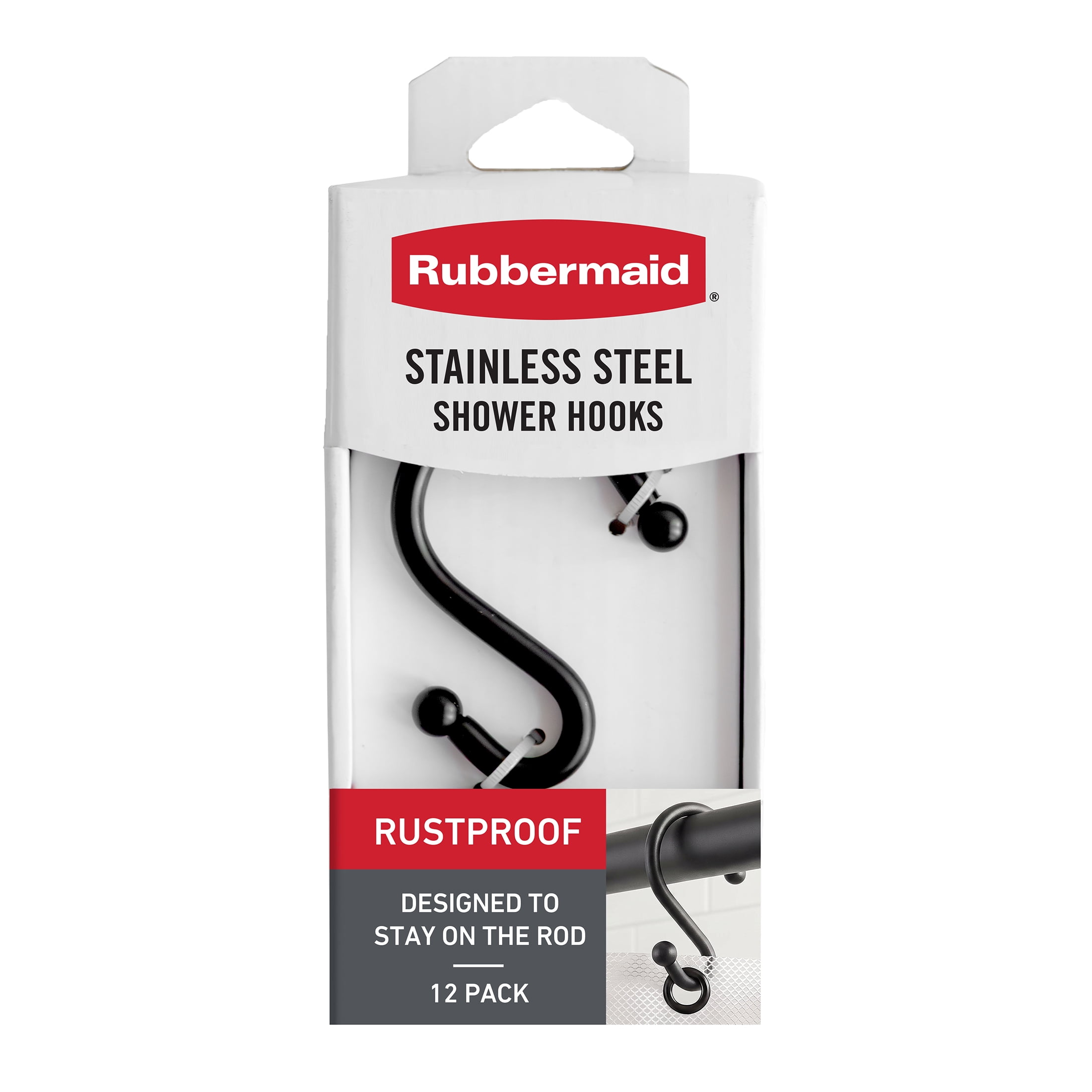 Rubbermaid Rustproof Stainless Steel S-Shaped Shower Hooks, Matte Black, Set of 12