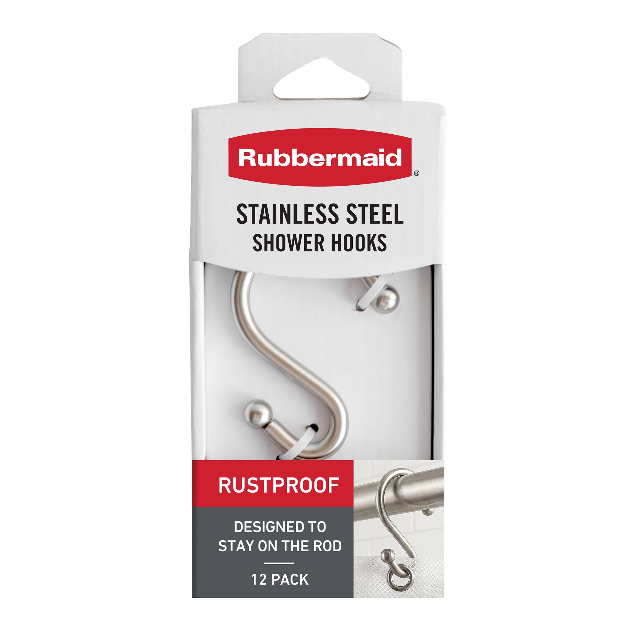 Rubbermaid Rustproof Stainless Steel S-Shaped Shower Hooks, Brushed Nickel, Set of 12