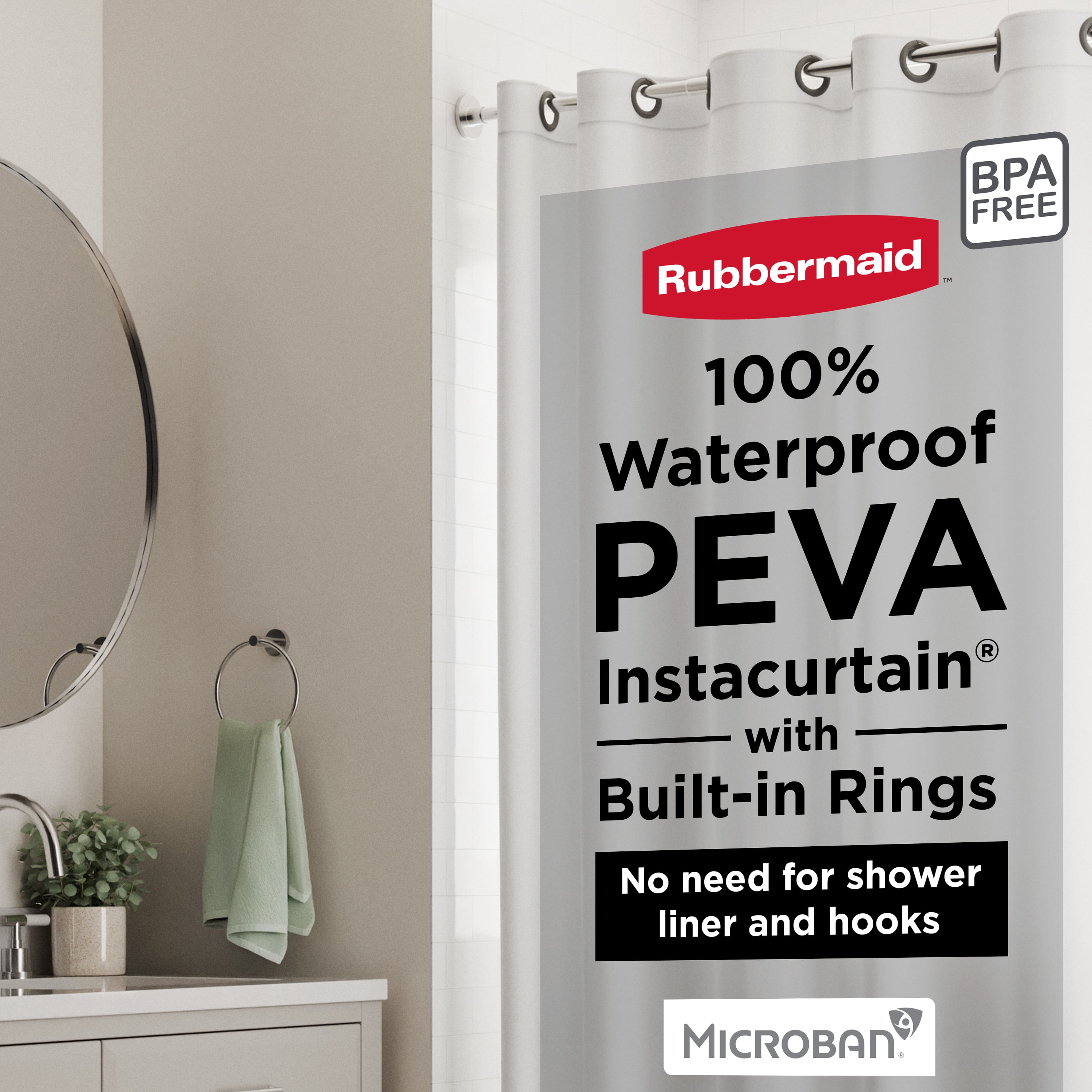 Rubbermaid White No Hook 3-in-1 Waterproof Heavyweight PEVA Instacurtain Shower Curtain with Weighted Magnets and Rustproof Gray Rings, 71” x 74”