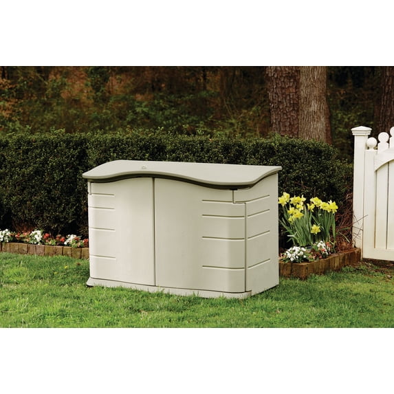 Open Box Rubbermaid Horizontal Storage Shed, Olive & Sandstone 58.5"L x 35.8"W x 11.8"H 49.7lbs