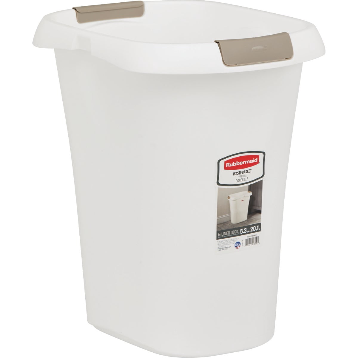 Rubbermaid Open Top Trash Can, 5.3-Gallon, White Plastic Wastebasket/Garbage Bin for Home/Kitchen/Bathroom/Garage
