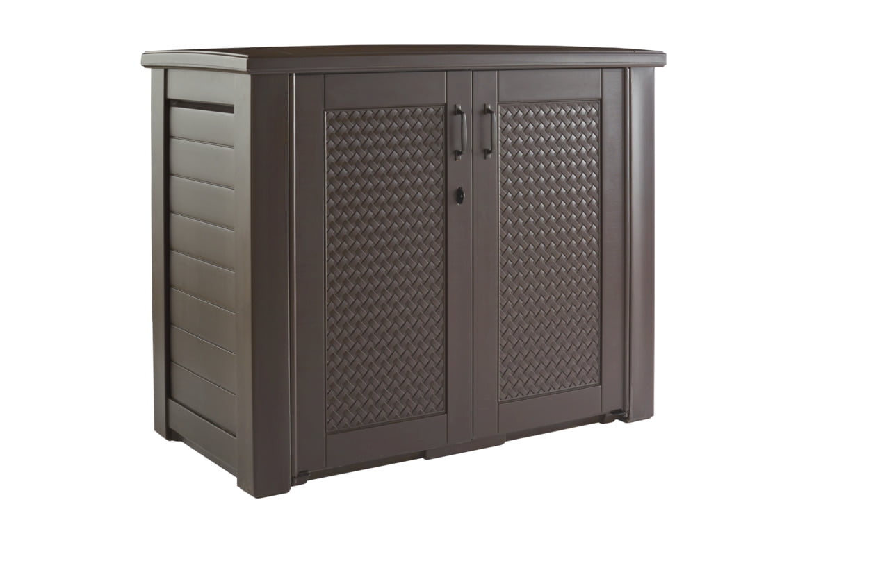 Rubbermaid Patio Chic Resin Weather Resistant Outdoor Storage Deck Box, 123  Gal., Black Oak Rattan Wicker Basket Weave & Suncast 99 Gallon Resin