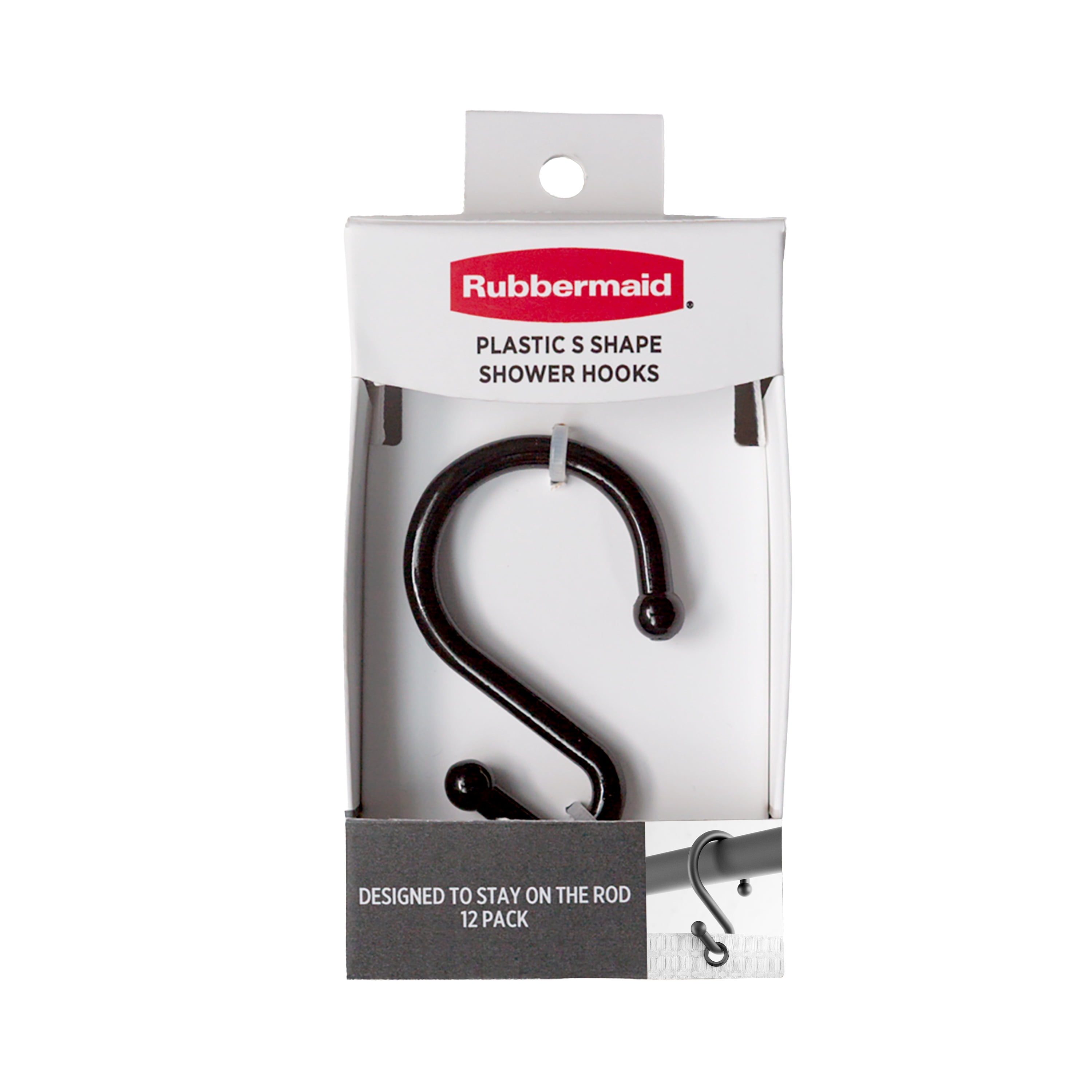 Rubbermaid Black Plastic S-Shape Shower Curtain Hooks, 12 Count