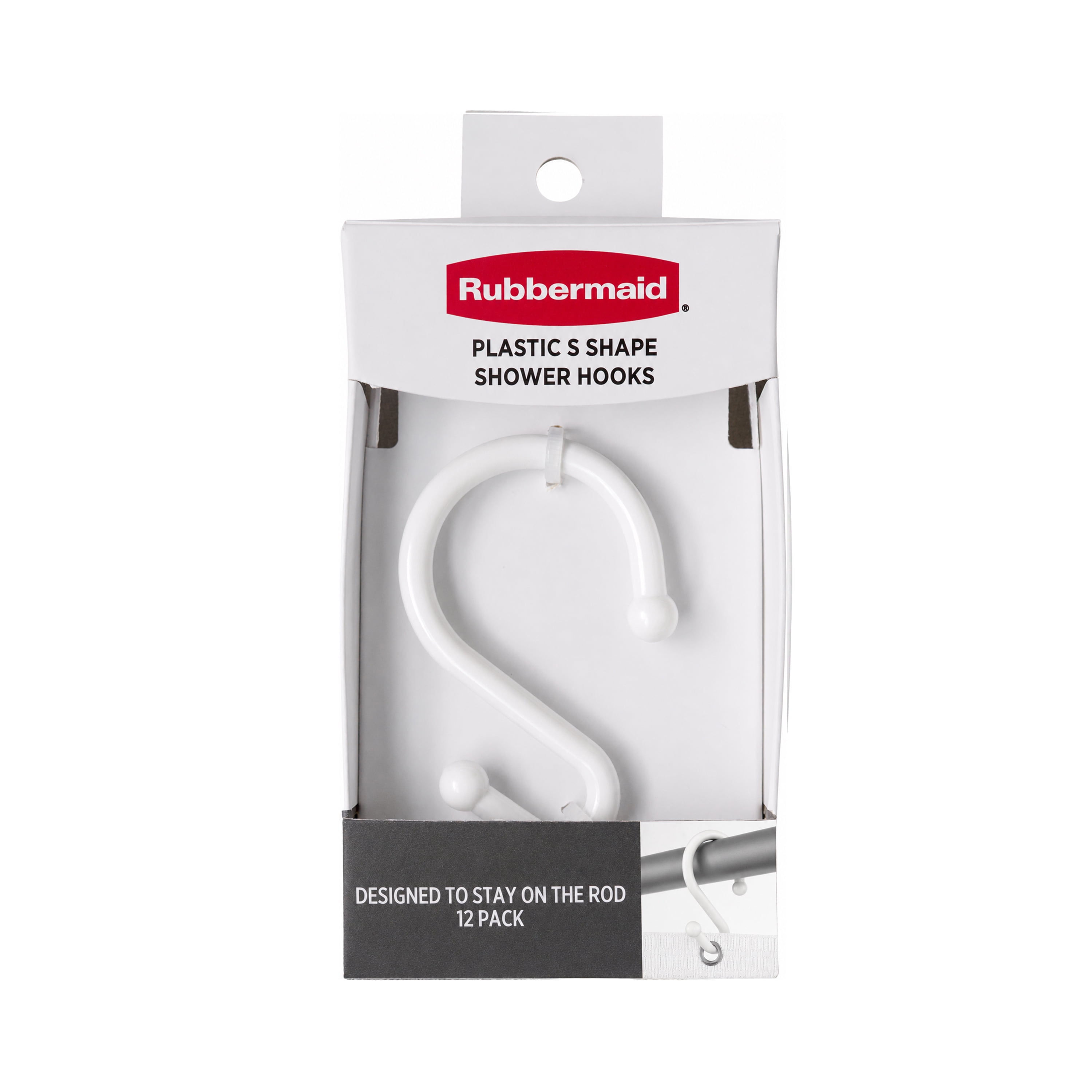 Rubbermaid White Plastic S-Shape Shower Curtain Hooks, 12 Count