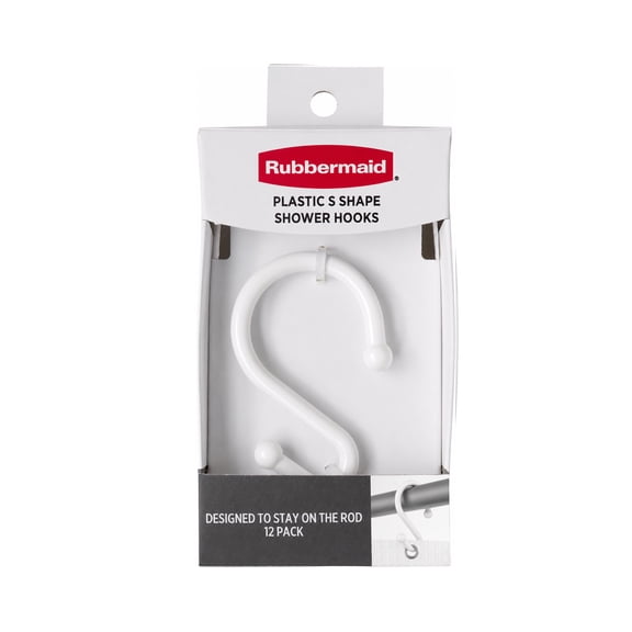 Rubbermaid White Plastic S-Shape Shower Curtain Hooks, 12 Count
