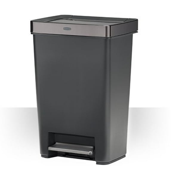 Rubbermaid Kitchen Indoor Trash Can, 12.4 Gallon Plastic Step Garbage Can with Stainless Steel Rim Lid, Charcoal