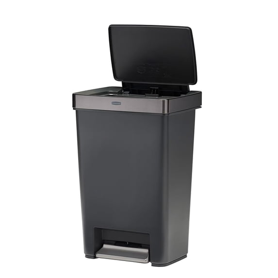 Rubbermaid Kitchen Trash Can, 12.4 Gallon Plastic Stainless Steel Soft Close Lock Step Garbage Bin, Charcoal