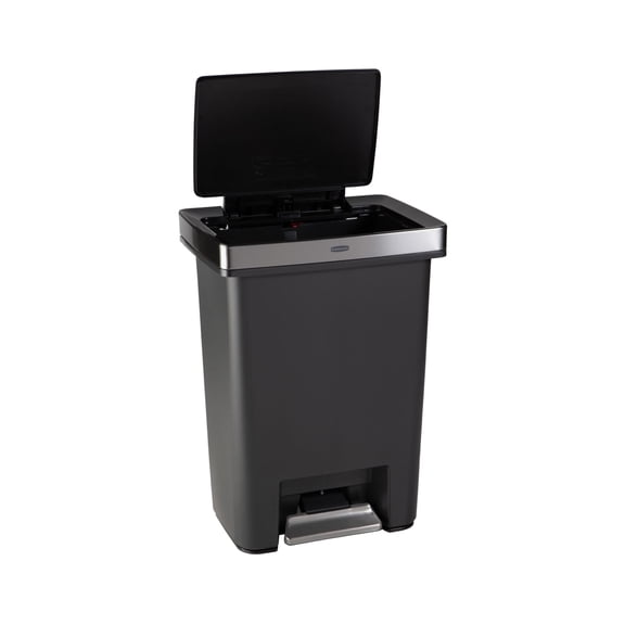 Rubbermaid Kitchen Trash Can, 19 Gallon Stainless Steel Dual Compartment Step Garbage Bin with Lid, Charcoal