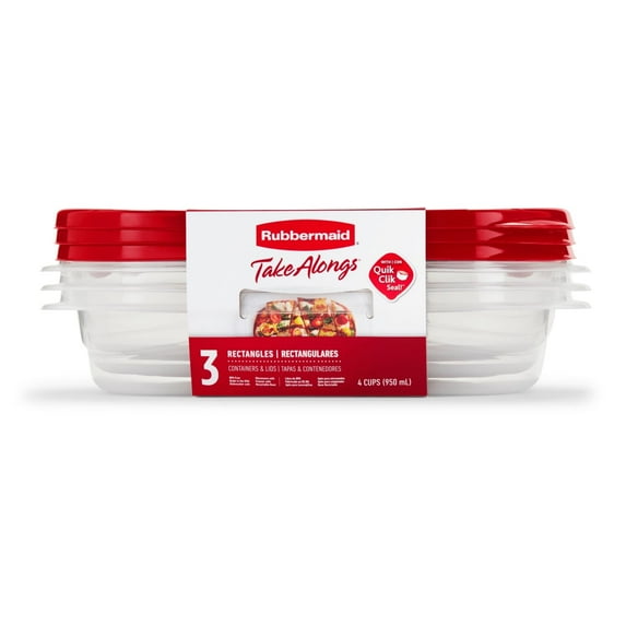 Rubbermaid TakeAlongs 4 Cup Rectangle Food Storage Containers, Set of 3, Red, Well Suited to Refrigerator Organization