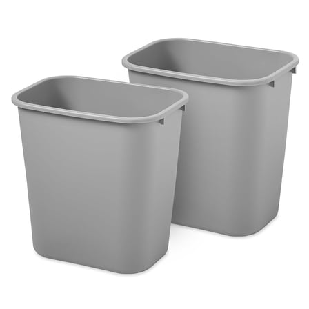 Rubbermaid Resin Wastebasket, Plastic Under Desk Trash Can, 7 Gal, Gray, 2 Pack