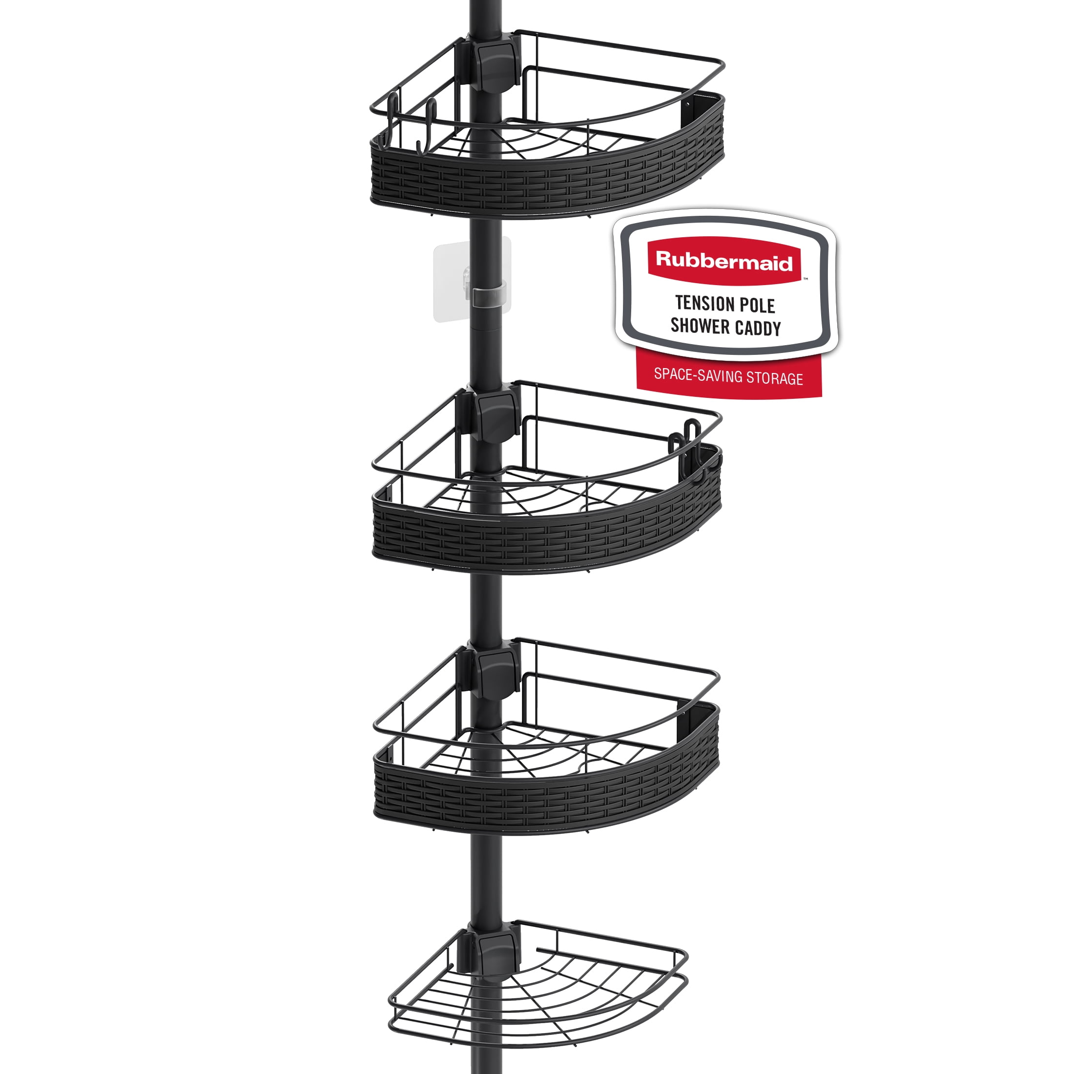 Rubbermaid 3-Tier Steel Tension Pole Mount Shower Caddy with Soap Tray, Black
