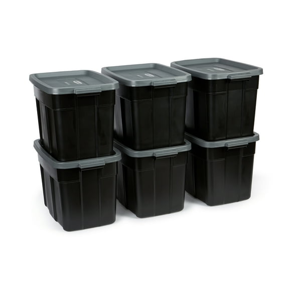 Rubbermaid Roughneck 18 Gallon Plastic Storage Totes, Black and Gray, 6 Pack