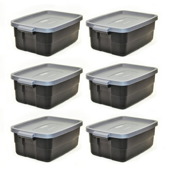 Rubbermaid Roughneck Tote 10 Gal Storage Container, Black/Gray (6 Pack)