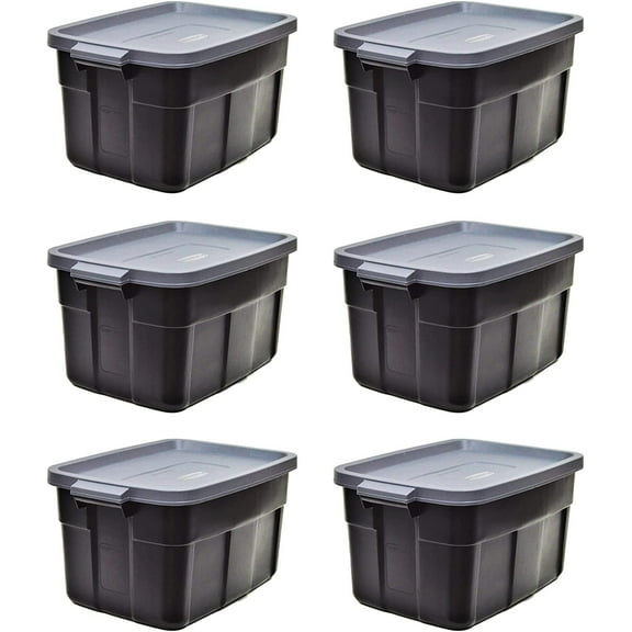 Rubbermaid Roughneck Tote 14 Gallon Stackable Storage Container with Stay Tight Lid & Easy Carry Handles, Black/Cool Gray 6 Pack