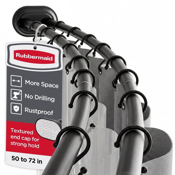 Rubbermaid No Drill Adjustable Tension Double Curved Shower Curtain Rod, Rustproof, 50" - 72", Matte Black