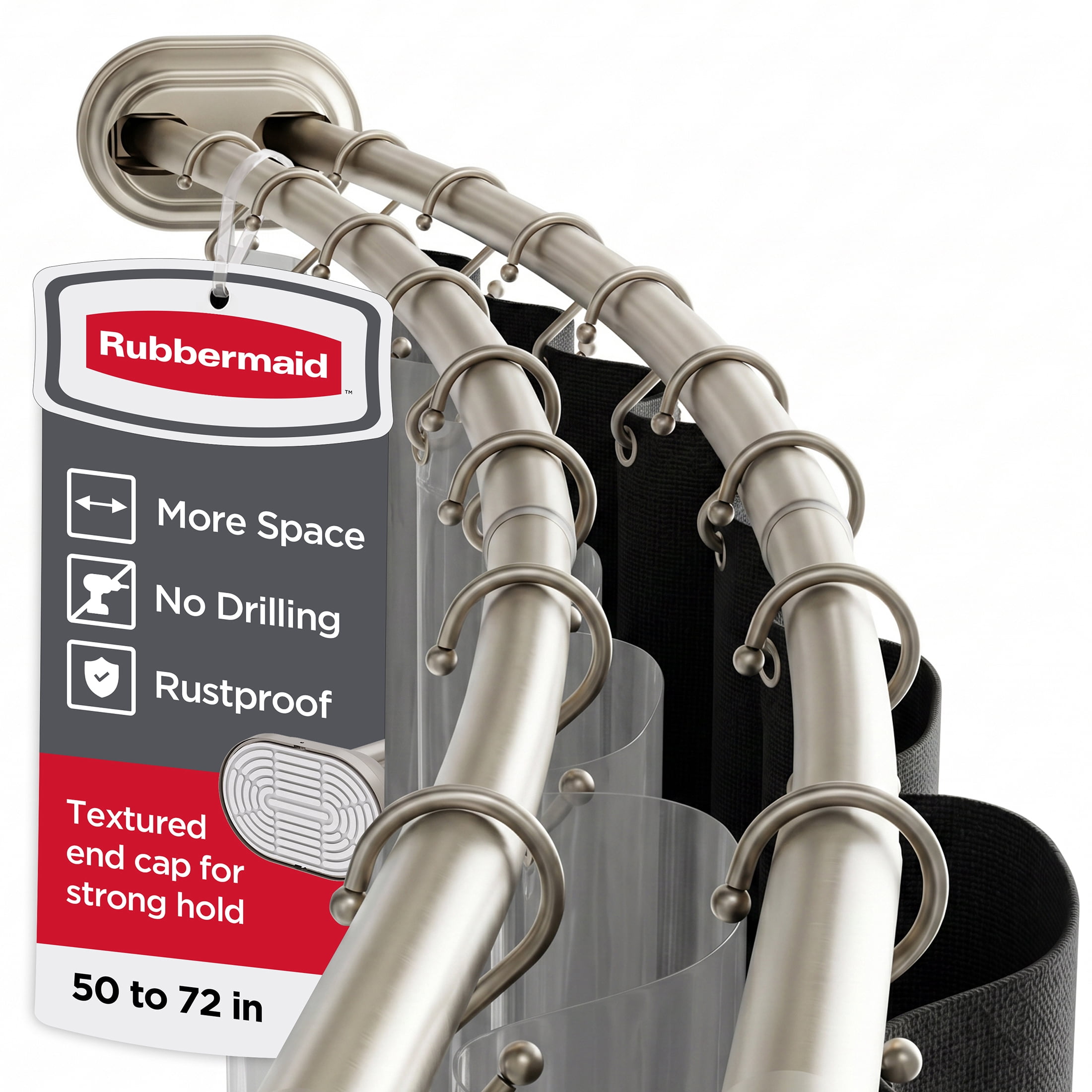 Rubbermaid No Drill Adjustable Tension Double Curved Shower Curtain Rod, Rustproof, 50" - 72", Nickel