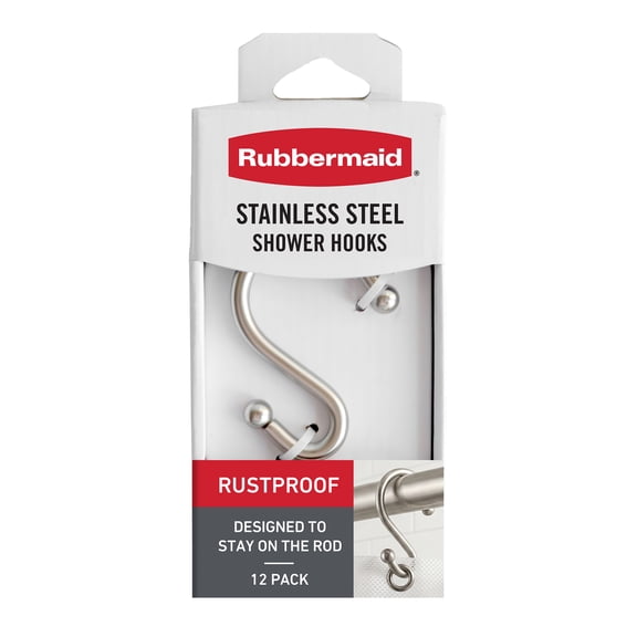 Rubbermaid Rustproof Stainless Steel S-Shaped Shower Hooks, Brushed Nickel, Set of 12