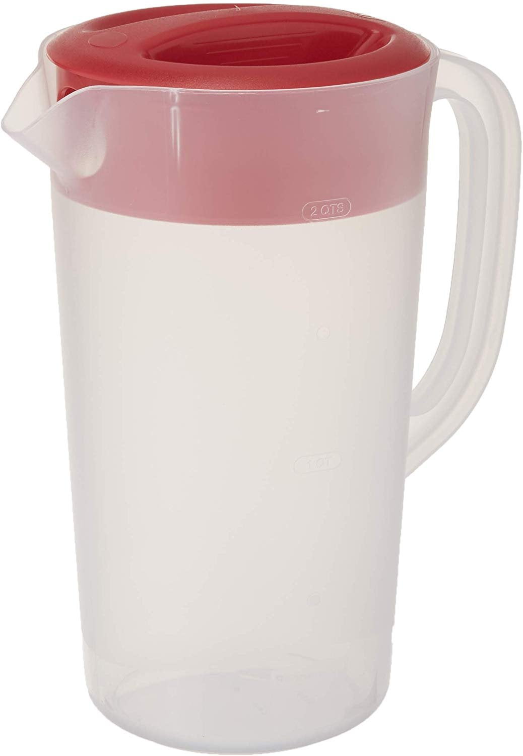 Goodcook 10659 1/2 Gallon Plastic Straining Pitcher Square Lid with 3  Strainers and Close No Spill, Dishwasher Safe, Clear and Red