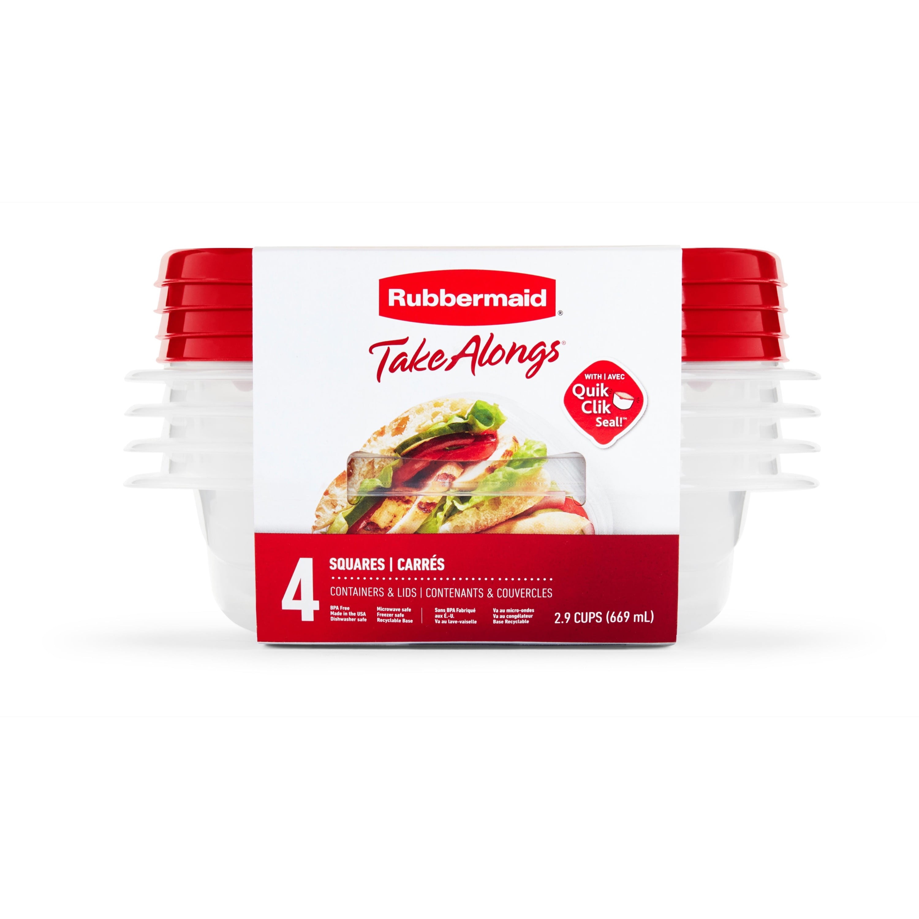 Rubbermaid TakeAlongs 2.9 Cup Square Food Storage Containers, 4-Pack, Red