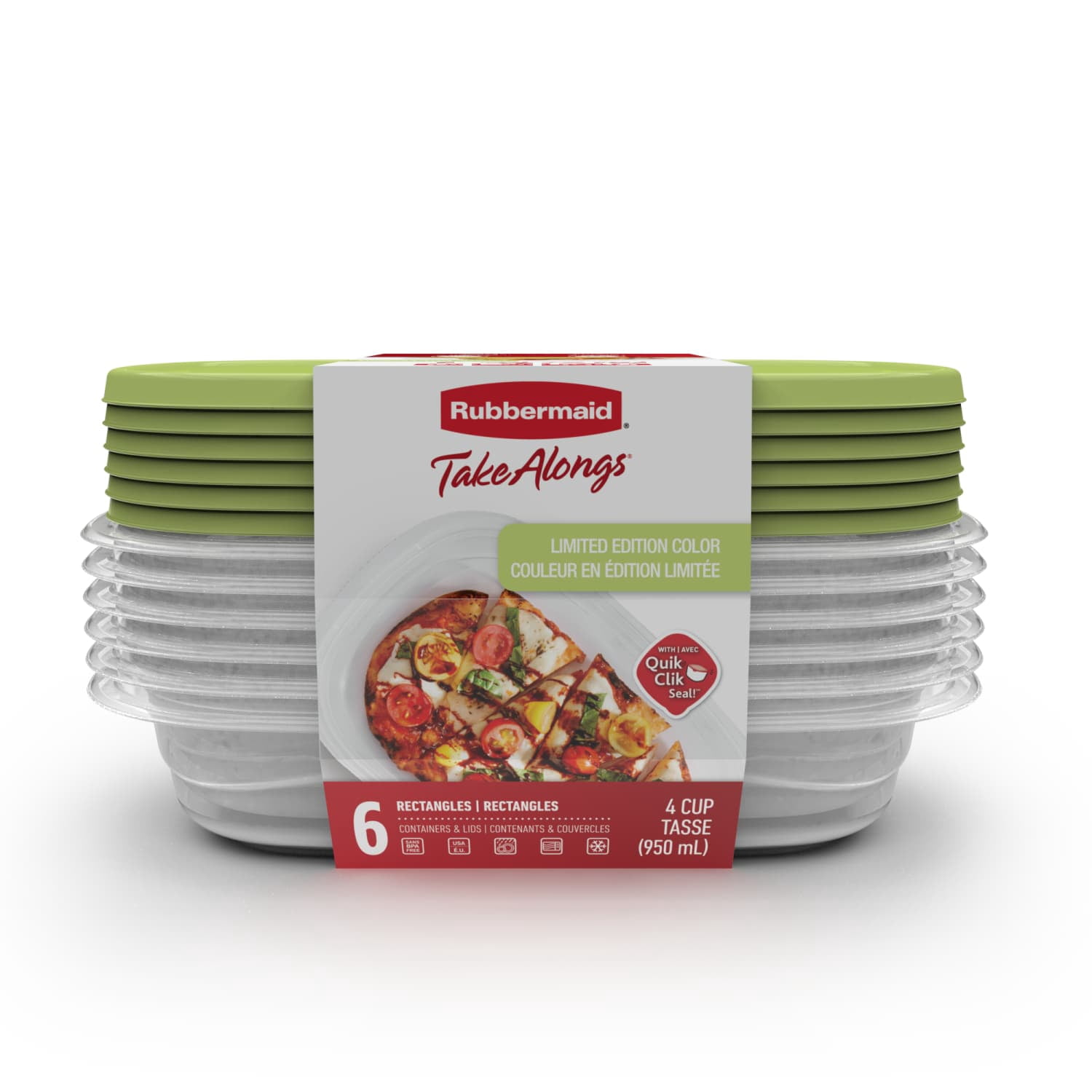Rubbermaid TakeAlongs 4-Cup Rectangular Food Storage Containers, Special-Edition Sharp Lime, 6-Pack